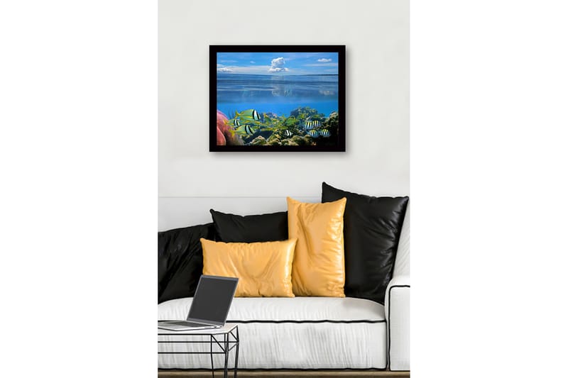Innrammet lerretsbilde i tre - 41x56 cm - Fargerik undervannsscene med svømmende fisk og korallrev - Blå / Grønn / Gul - Innredning - Bilder & kunst