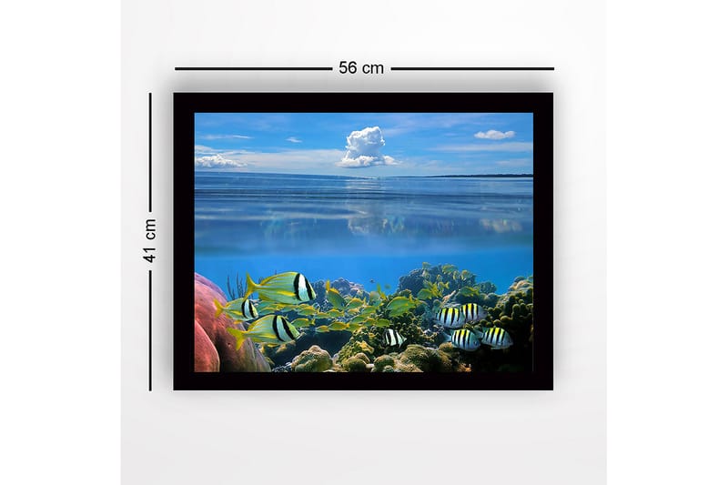 Innrammet lerretsbilde i tre - 41x56 cm - Fargerik undervannsscene med svømmende fisk og korallrev - Blå / Grønn / Gul - Innredning - Bilder & kunst
