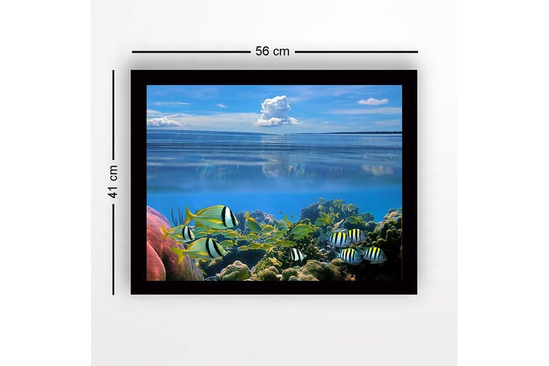 Innrammet lerretsbilde i tre - 41x56 cm - Fargerik undervannsscene med svømmende fisk og korallrev - Blå / Grønn / Gul - Innredning - Bilder & kunst