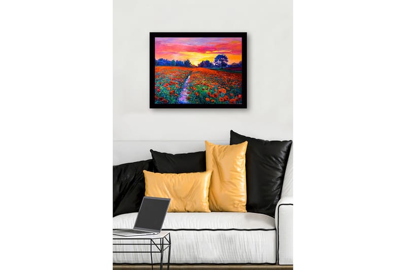 Innrammet lerretsbilde i tre - 41x56 cm - Fargerik valmueeng under en solnedgang - Oransje / Grønn / Lilla - Innredning - Bilder & kunst