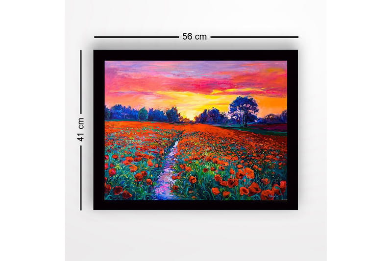 Innrammet lerretsbilde i tre - 41x56 cm - Fargerik valmueeng under en solnedgang - Oransje / Grønn / Lilla - Innredning - Bilder & kunst