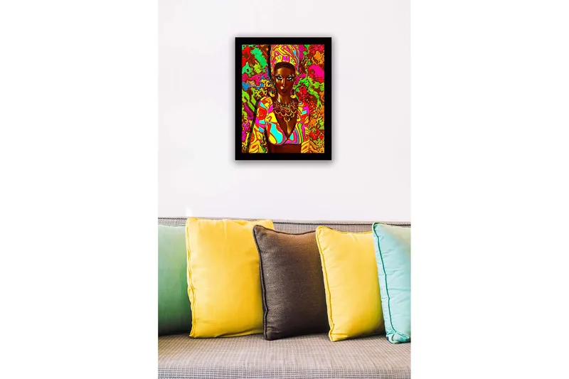 Innrammet lerretsbilde i tre - 41x56 cm - Fargerik portrett av en kvinne med tradisjonelle smykker og klær - Rosa / Grønn / Oransje - Innredning - Bilder & kunst