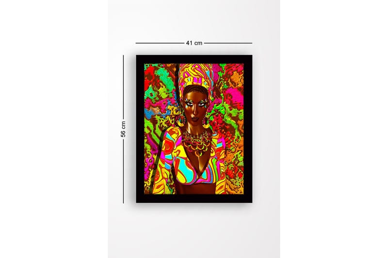 Innrammet lerretsbilde i tre - 41x56 cm - Fargerik portrett av en kvinne med tradisjonelle smykker og klær - Rosa / Grønn / Oransje - Innredning - Bilder & kunst