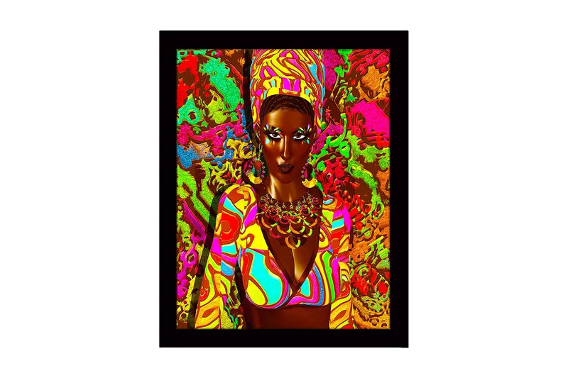 Innrammet lerretsbilde i tre - 41x56 cm - Fargerik portrett av en kvinne med tradisjonelle smykker og klær - Rosa / Grønn / Oransje - Innredning - Bilder & kunst