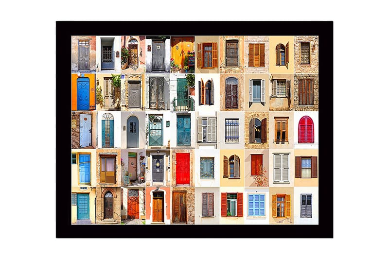 Innrammet lerretsbilde i tre - 41x56 cm - Fargerike dører og vinduer i en mosaikk av forskjellige stiler, Blå / Rød / Beige