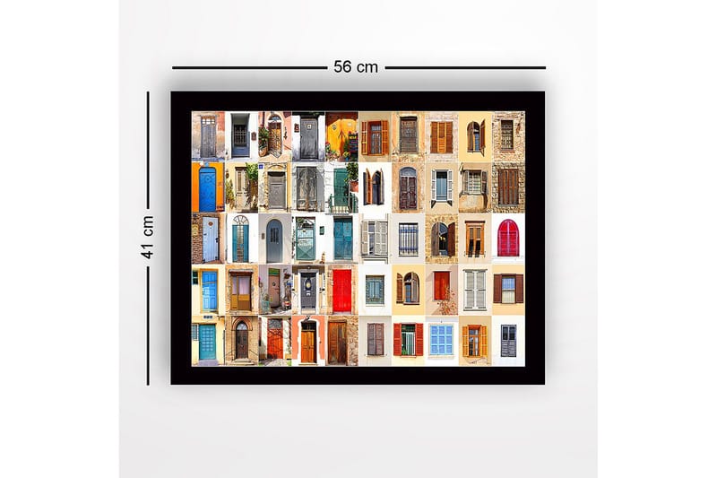 Innrammet lerretsbilde i tre - 41x56 cm - Fargerike dører og vinduer i en mosaikk av forskjellige stiler - Blå / Rød / Beige - Innredning - Bilder & kunst