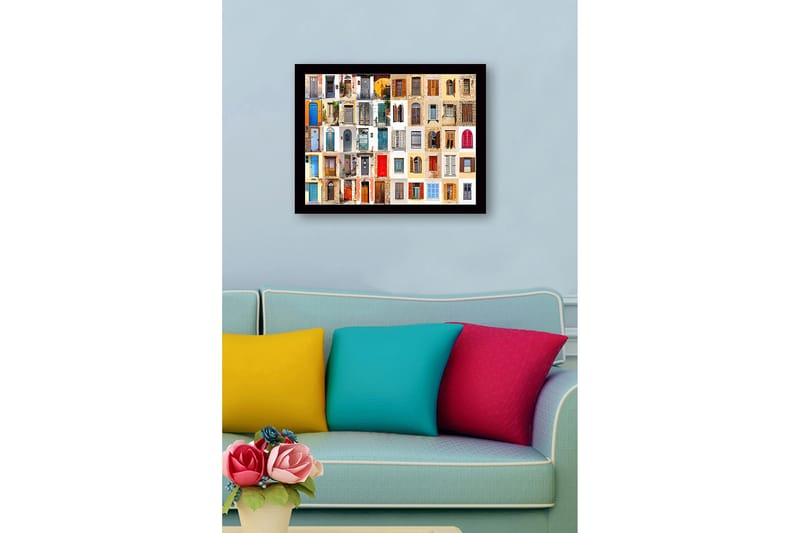 Innrammet lerretsbilde i tre - 41x56 cm - Fargerike dører og vinduer i en mosaikk av forskjellige stiler - Blå / Rød / Beige - Innredning - Bilder & kunst