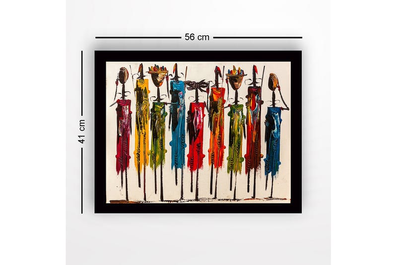 Innrammet lerretsbilde i tre - 41x56 cm - Fargerike figurer med tradisjonelle elementer og lange pinner - Rød / Grønn / Blå - Innredning - Bilder & kunst