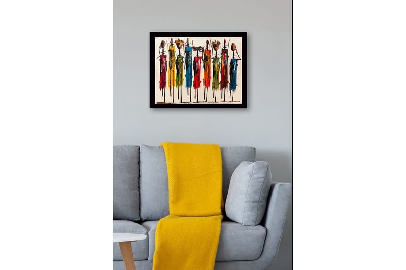 Innrammet lerretsbilde i tre - 41x56 cm - Fargerike figurer med tradisjonelle elementer og lange pinner - Rød / Grønn / Blå - Innredning - Bilder & kunst
