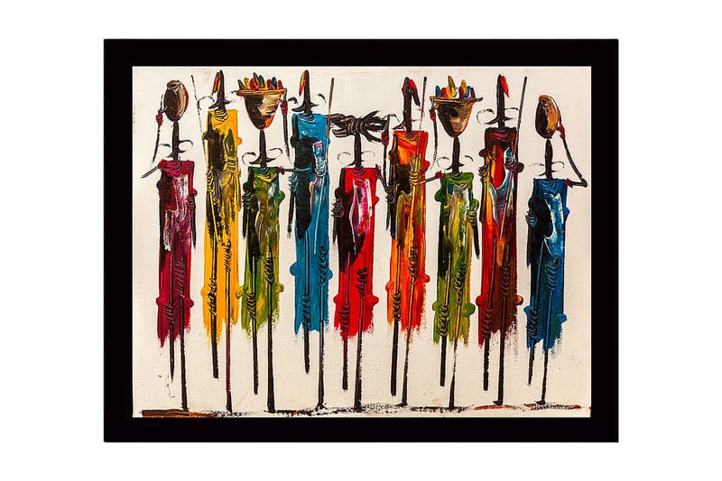 Innrammet lerretsbilde i tre - 41x56 cm - Fargerike figurer med tradisjonelle elementer og lange pinner - Rød / Grønn / Blå - Innredning - Bilder & kunst