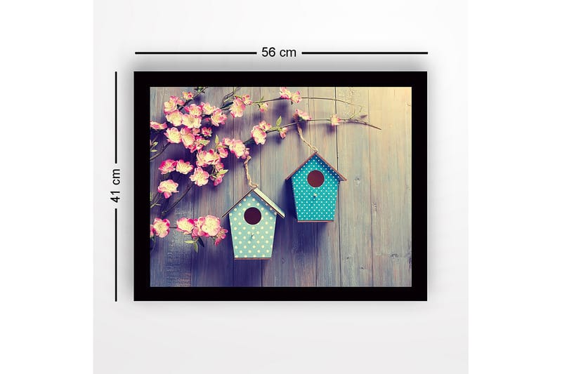 Innrammet lerretsbilde i tre - 41x56 cm - Fargerike fuglehus hengende blant blomster - Rosa / Turkis - Innredning - Bilder & kunst