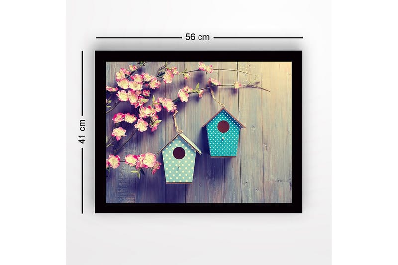 Innrammet lerretsbilde i tre - 41x56 cm - Fargerike fuglehus hengende blant blomster - Rosa / Turkis - Innredning - Bilder & kunst
