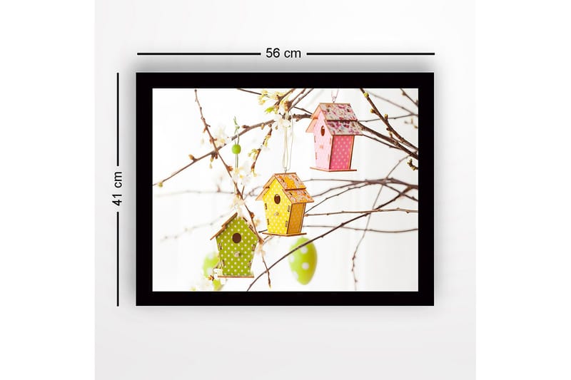 Innrammet lerretsbilde i tre - 41x56 cm - Fargerike fuglekasser hengende i blomstergrener - Grønn / Rosa / Gul - Innredning - Bilder & kunst