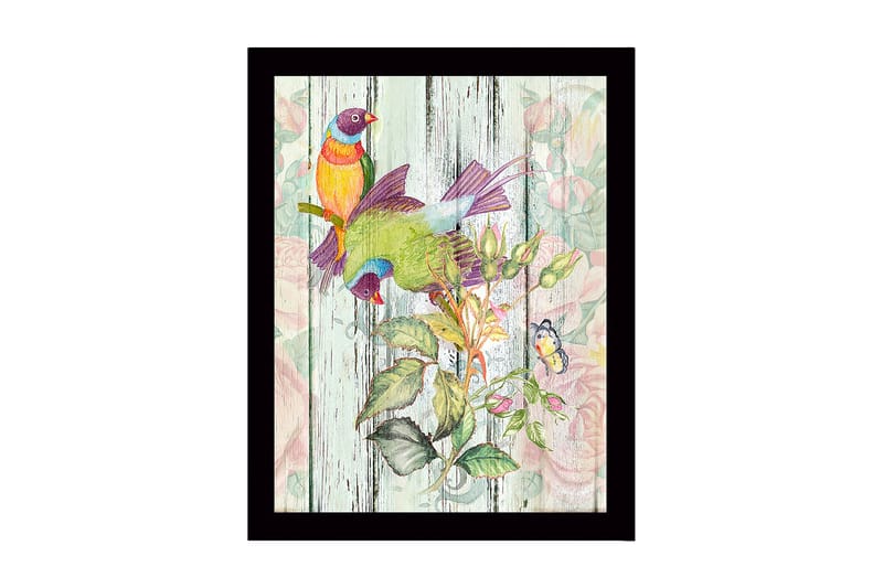 Innrammet lerretsbilde i tre - 41x56 cm - Fargerike fugler i botanisk komposisjon - Grønn / Gul / Lilla - Innredning - Bilder & kunst
