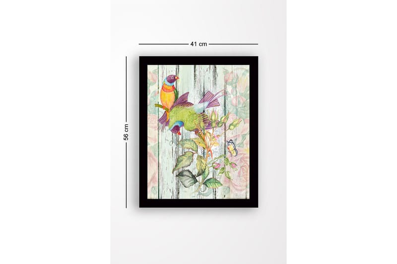 Innrammet lerretsbilde i tre - 41x56 cm - Fargerike fugler i botanisk komposisjon - Grønn / Gul / Lilla - Innredning - Bilder & kunst