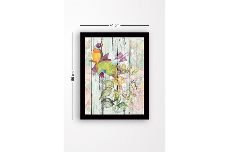Innrammet lerretsbilde i tre - 41x56 cm - Fargerike fugler i botanisk komposisjon - Grønn / Gul / Lilla - Innredning - Bilder & kunst