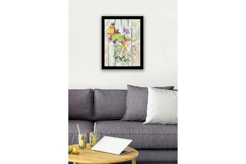 Innrammet lerretsbilde i tre - 41x56 cm - Fargerike fugler i botanisk komposisjon - Grønn / Gul / Lilla - Innredning - Bilder & kunst