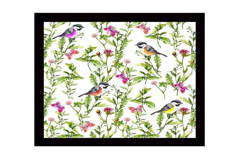 Innrammet lerretsbilde i tre - 41x56 cm - Fargerike fugler omgitt av blomster og grønne planter - Grønn / Rosa / Gul - Innredning - Bilder & kunst