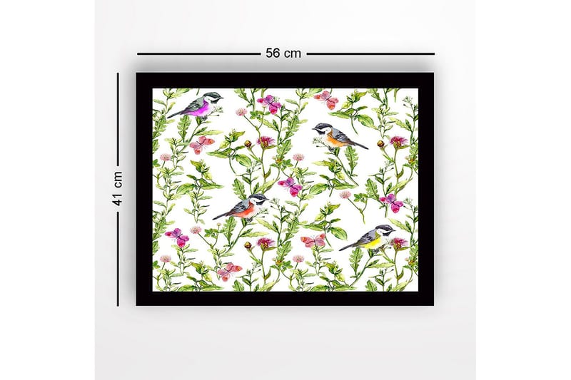 Innrammet lerretsbilde i tre - 41x56 cm - Fargerike fugler omgitt av blomster og grønne planter - Grønn / Rosa / Gul - Innredning - Bilder & kunst