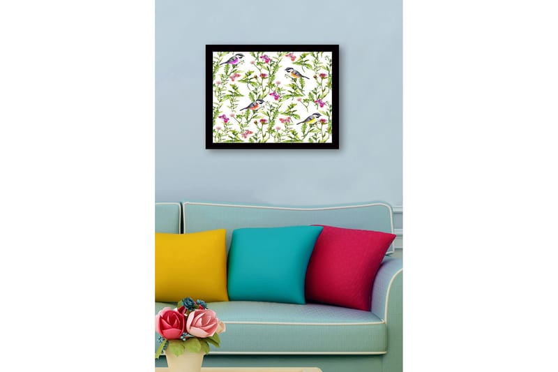Innrammet lerretsbilde i tre - 41x56 cm - Fargerike fugler omgitt av blomster og grønne planter - Grønn / Rosa / Gul - Innredning - Bilder & kunst