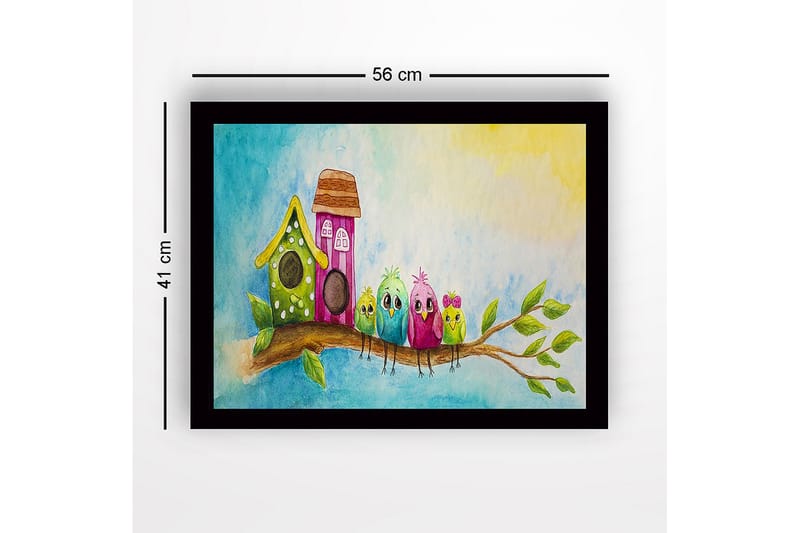 Innrammet lerretsbilde i tre - 41x56 cm - Fargerike fugler på en gren med fuglehus i bakgrunnen - Grønn / Rosa / Blå - Innredning - Bilder & kunst