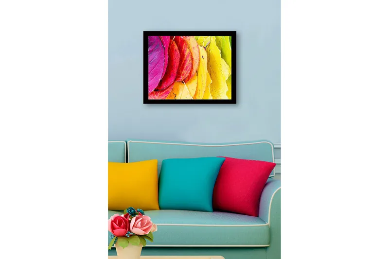 Innrammet lerretsbilde i tre - 41x56 cm - Fargerike høstblader i forskjellige nyanser - Rosa / Rød / Gul - Innredning - Bilder & kunst