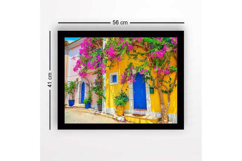 Innrammet lerretsbilde i tre - 41x56 cm - Fargerike hus med bougainvillea i blomst - Gul / Blå / Rosa - Innredning - Bilder & kunst