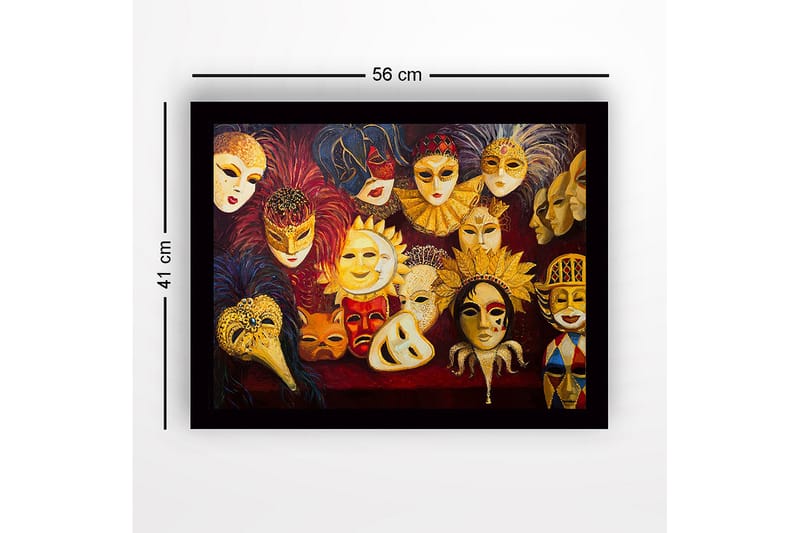Innrammet lerretsbilde i tre - 41x56 cm - Fargerike masker med forskjellige uttrykk og detaljer - Gull / Rød / Svart - Innredning - Bilder & kunst