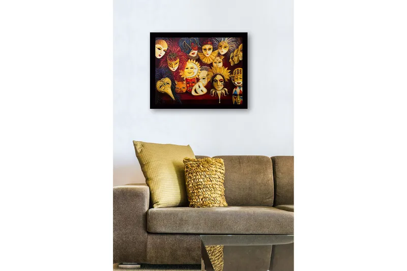 Innrammet lerretsbilde i tre - 41x56 cm - Fargerike masker med forskjellige uttrykk og detaljer - Gull / Rød / Svart - Innredning - Bilder & kunst