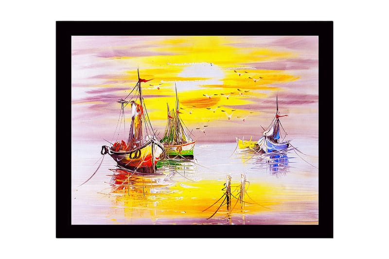 Innrammet lerretsbilde i tre - 41x56 cm - Fargerike seilbåter ved solnedgang ved sjøen - Gul / Blå / Rød - Innredning - Bilder & kunst