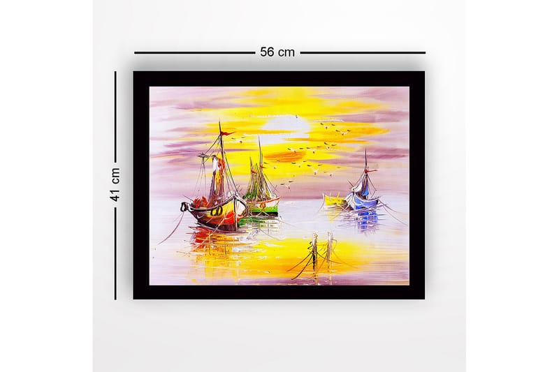 Innrammet lerretsbilde i tre - 41x56 cm - Fargerike seilbåter ved solnedgang ved sjøen - Gul / Blå / Rød - Innredning - Bilder & kunst