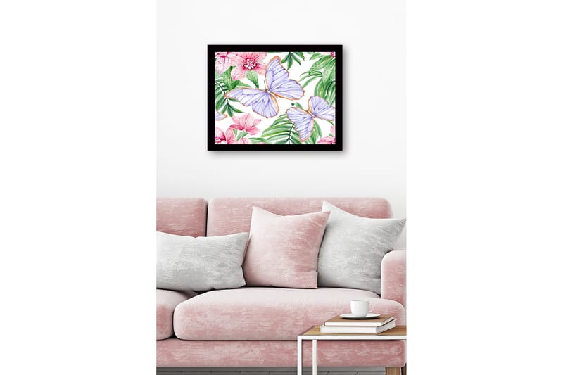 Innrammet lerretsbilde i tre - 41x56 cm - Fargerike sommerfugler omgitt av blomster og grønne blader - Lilla / Rosa / Grønn - Innredning - Bilder & kunst