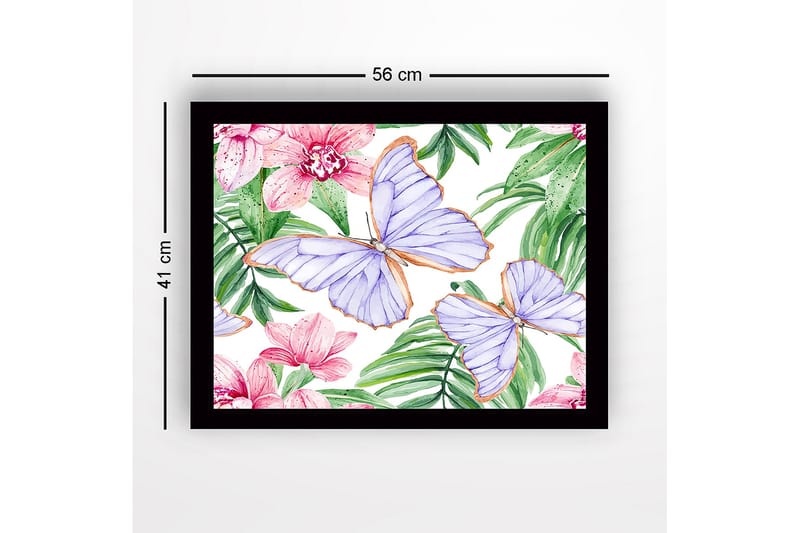 Innrammet lerretsbilde i tre - 41x56 cm - Fargerike sommerfugler omgitt av blomster og grønne blader - Lilla / Rosa / Grønn - Innredning - Bilder & kunst