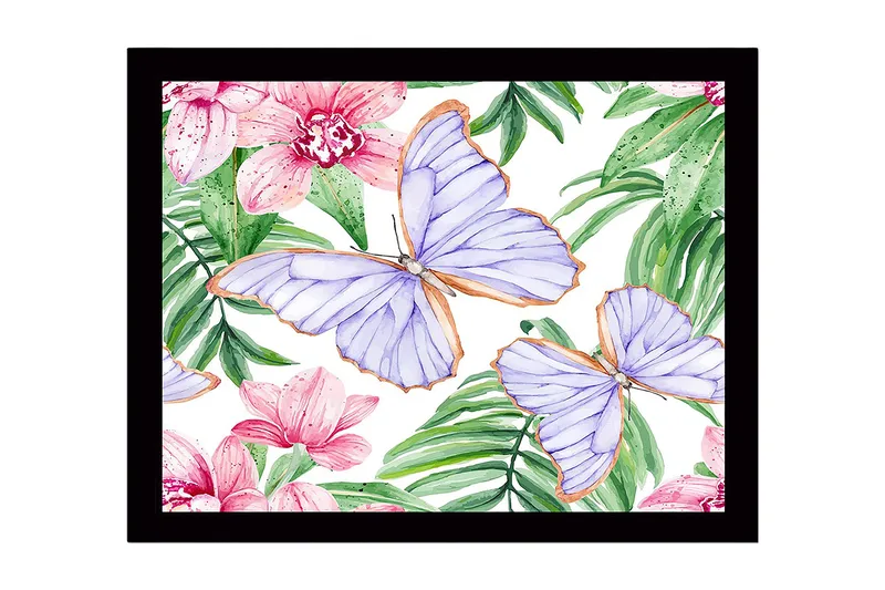 Innrammet lerretsbilde i tre - 41x56 cm - Fargerike sommerfugler omgitt av blomster og grønne blader - Lilla / Rosa / Grønn - Innredning - Bilder & kunst