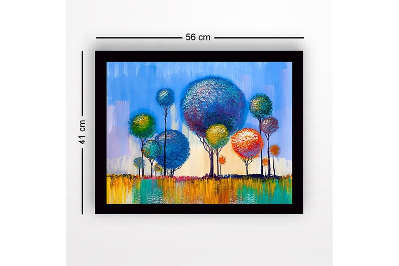 Innrammet lerretsbilde i tre - 41x56 cm - Fargerike trær i en livlig landskapskomposisjon - Blå / Grønn / Oransje - Innredning - Bilder & kunst
