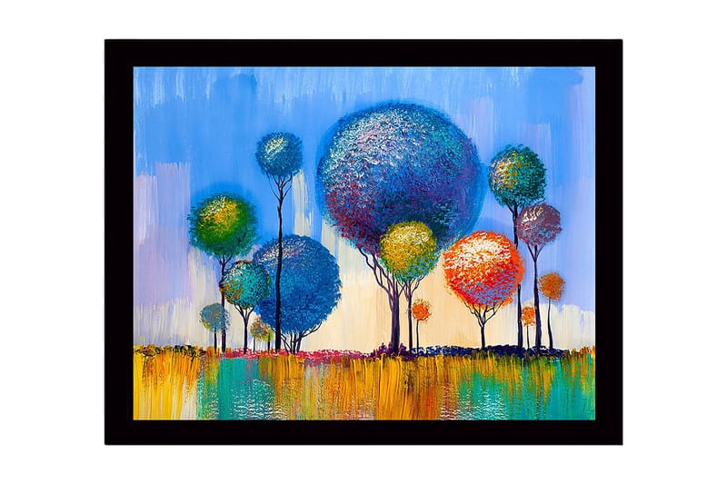 Innrammet lerretsbilde i tre - 41x56 cm - Fargerike trær i en livlig landskapskomposisjon, Blå / Grønn / Oransje