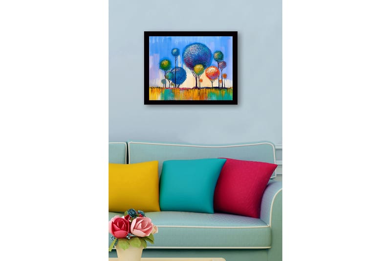 Innrammet lerretsbilde i tre - 41x56 cm - Fargerike trær i en livlig landskapskomposisjon - Blå / Grønn / Oransje - Innredning - Bilder & kunst