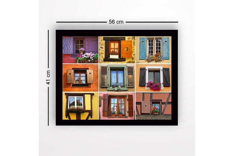 Innrammet lerretsbilde i tre - 41x56 cm - Fargerike vinduer med blomsterarrangementer - Lilla / Oransje / Grønn - Innredning - Bilder & kunst