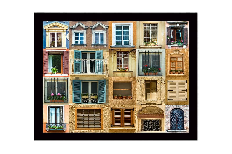 Innrammet lerretsbilde i tre - 41x56 cm - Fargerike vinduer og balkonger i et urbant miljø, Blå / Beige / Brun