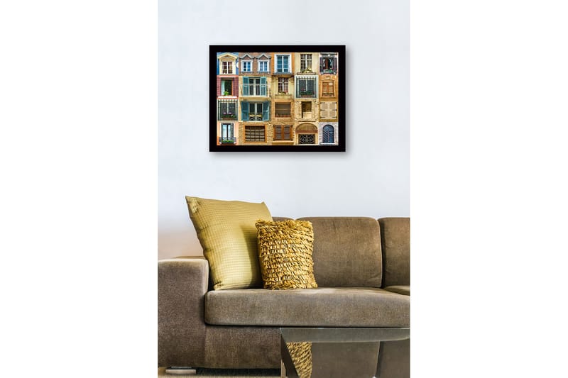 Innrammet lerretsbilde i tre - 41x56 cm - Fargerike vinduer og balkonger i et urbant miljø - Blå / Beige / Brun - Innredning - Bilder & kunst