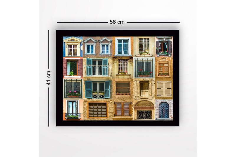 Innrammet lerretsbilde i tre - 41x56 cm - Fargerike vinduer og balkonger i et urbant miljø - Blå / Beige / Brun - Innredning - Bilder & kunst