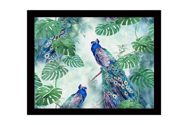 Innrammet lerretsbilde i tre - 41x56 cm - Fargerike påfugler omgitt av tropiske planter - Grønn / Blå / Turkis - Innredning - Bilder & kunst