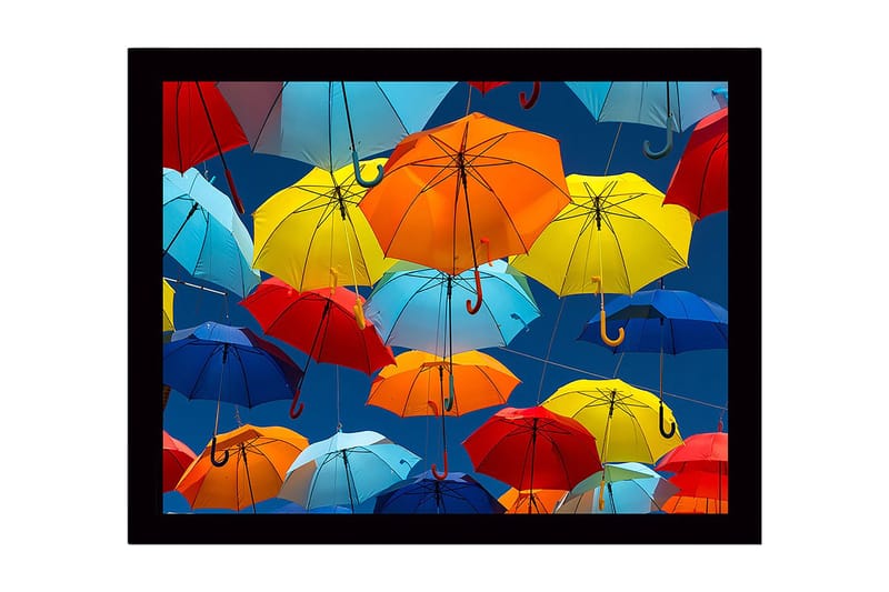 Innrammet lerretsbilde i tre - 41x56 cm - Fargerike paraplyer som svever i luften, Blå / Rød / Gul