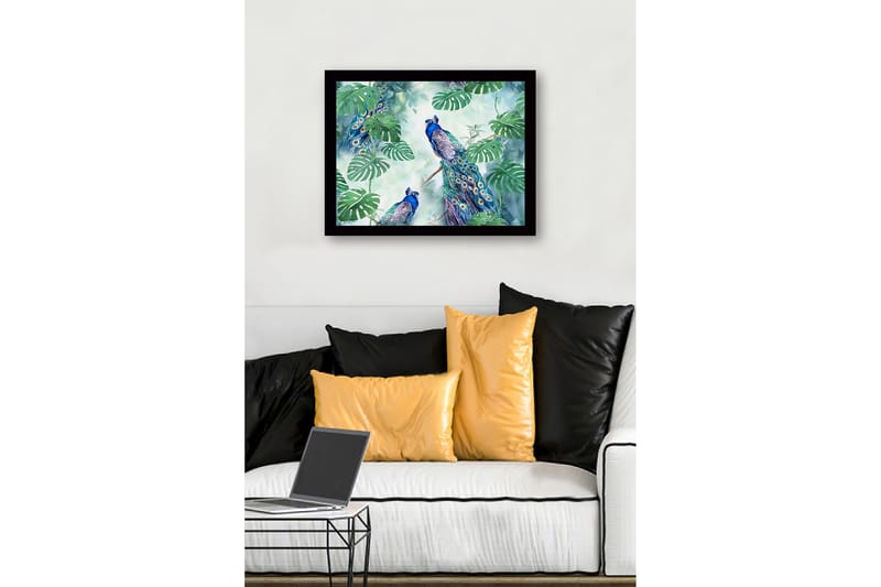 Innrammet lerretsbilde i tre - 41x56 cm - Fargerike påfugler omgitt av tropiske planter - Grønn / Blå / Turkis - Innredning - Bilder & kunst