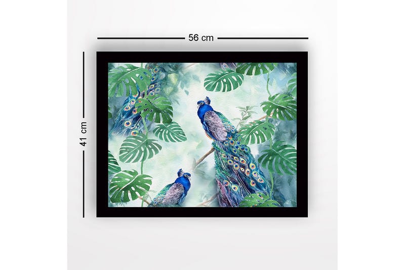 Innrammet lerretsbilde i tre - 41x56 cm - Fargerike påfugler omgitt av tropiske planter - Grønn / Blå / Turkis - Innredning - Bilder & kunst