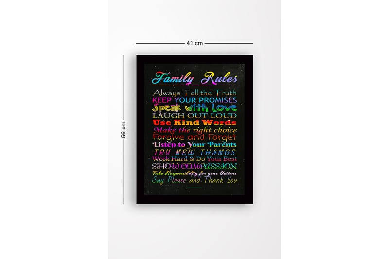 Innrammet lerretsbilde i tre - 41x56 cm - Fargerikt maleri med familieregler i forskjellige skrifttyper - Rød / Blå / Grønn - Innredning - Bilder & kunst
