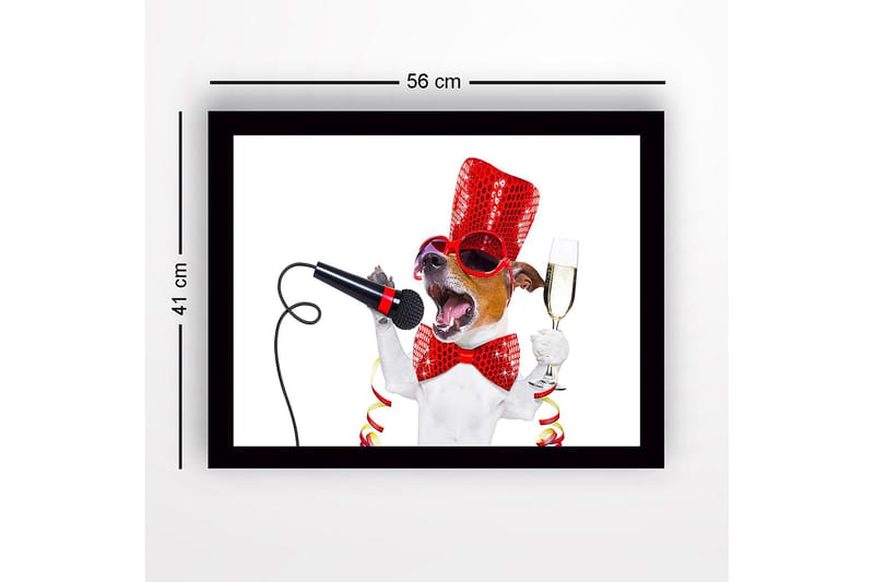Innrammet lerretsbilde i tre - 41x56 cm - Festlig hund med mikrofon og champagneglass - Rød / Svart / Hvit - Innredning - Bilder & kunst