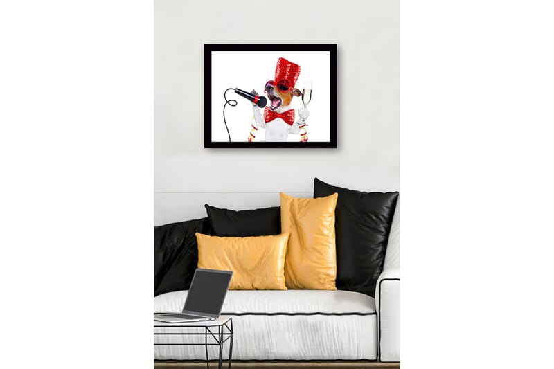 Innrammet lerretsbilde i tre - 41x56 cm - Festlig hund med mikrofon og champagneglass - Rød / Svart / Hvit - Innredning - Bilder & kunst