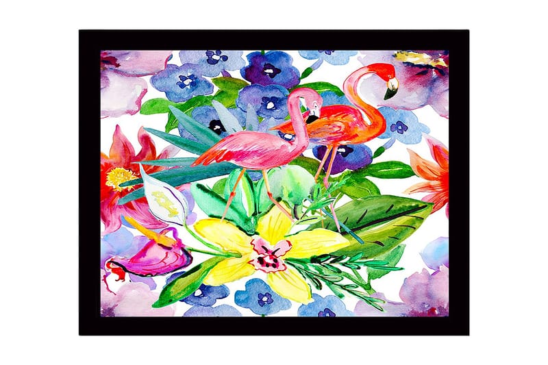 Innrammet lerretsbilde i tre - 41x56 cm - Flamingoer blant fargerike blomster og grønne blader - Rosa / Grønn / Gul - Innredning - Bilder & kunst