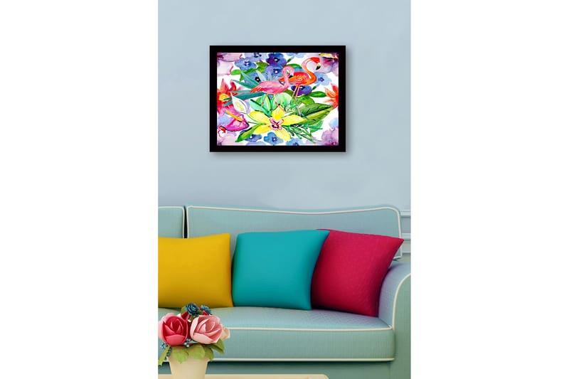 Innrammet lerretsbilde i tre - 41x56 cm - Flamingoer blant fargerike blomster og grønne blader - Rosa / Grønn / Gul - Innredning - Bilder & kunst